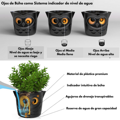Maceta Búho Autorriego - 10 cm Negro - Set de 6 Macetas